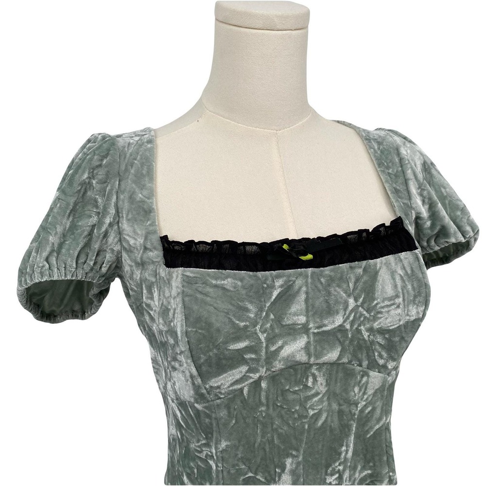 Y2k Coquette Babydoll Mini Dress M Mint Green Crushed Velvet Lace Open Back - Picture 2 of 16